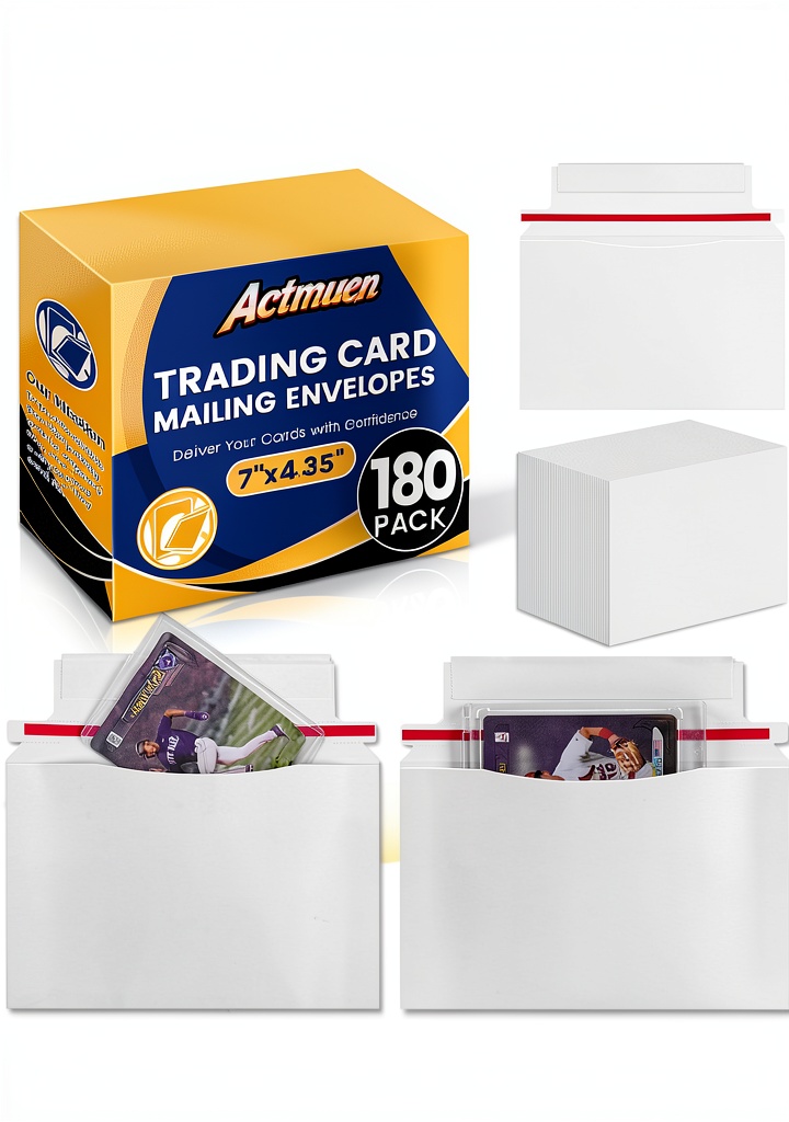 ACtmuen white card mailers stacked neatly on a desk