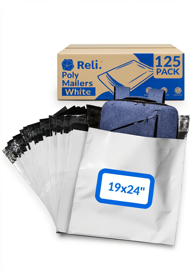Reli White Poly Mailers 19x24 displayed in a stack