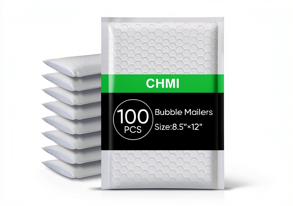 CHMI bubble mailers showcasing dimensions and self-seal strip